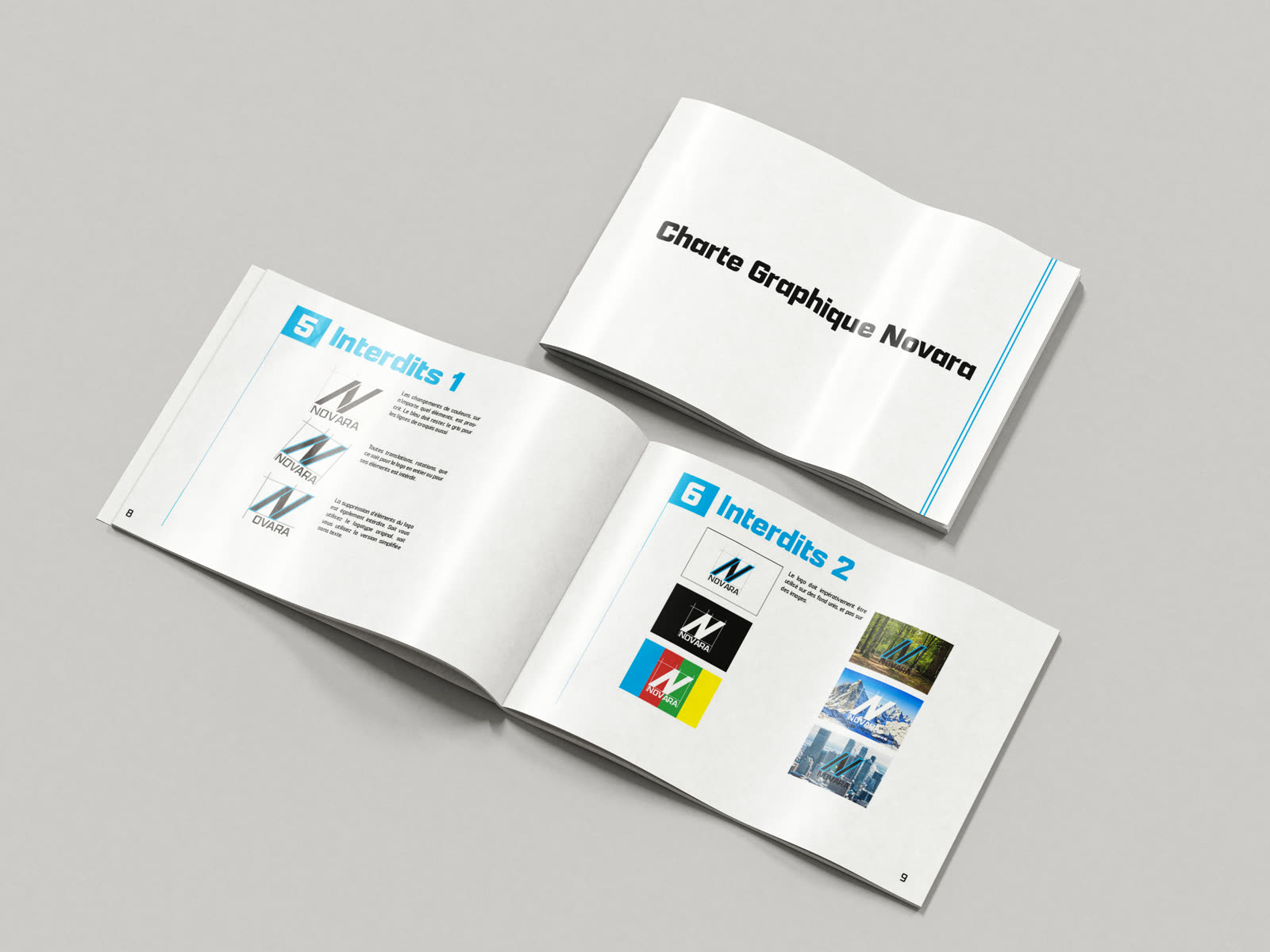 Charte graphique Novara en maquette : couverture et double page des interdits