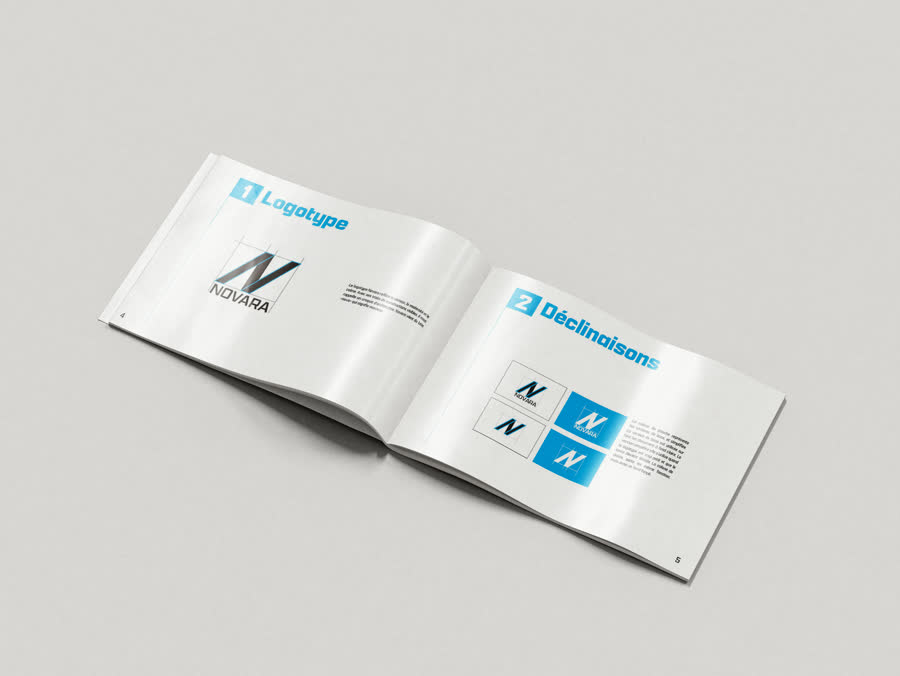 Charte graphique Novara ouverte sur les pages logotype et déclinaisons
