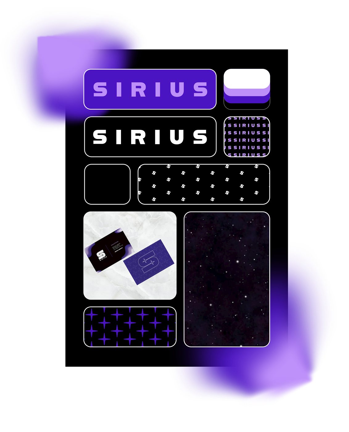 Planche d'applications Sirius : variantes du mot SIRIUS, motifs répétés, carte de visite et fond étoilé