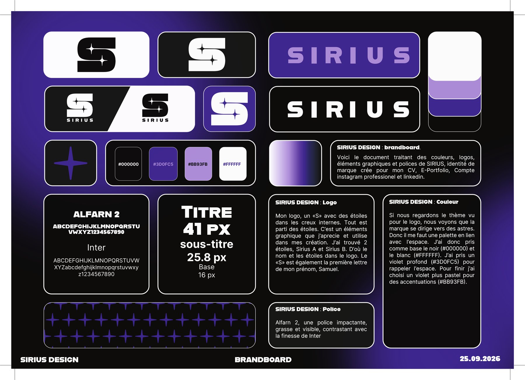 Brandboard Sirius : déclinaisons du logo, palette de couleurs, typographie et motif d'étoiles