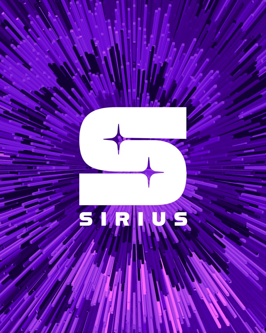 Logotype Sirius : le S blanc avec ses deux étoiles et le mot SIRIUS, sur fond violet