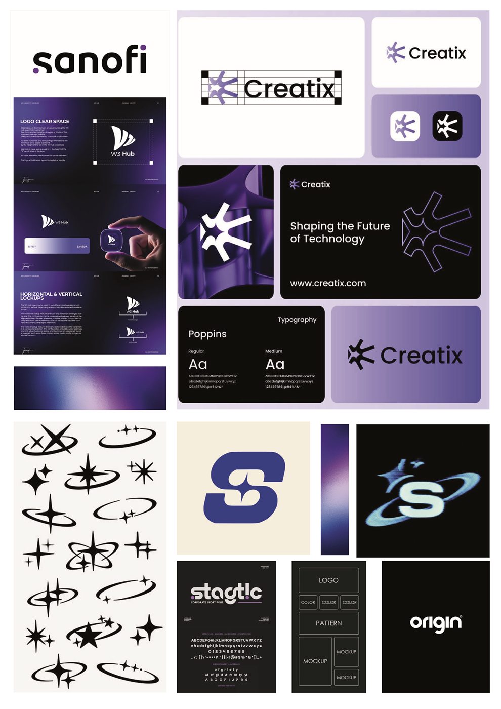 Moodboard de références : logos, formes d'étoiles, palettes violettes et typographies