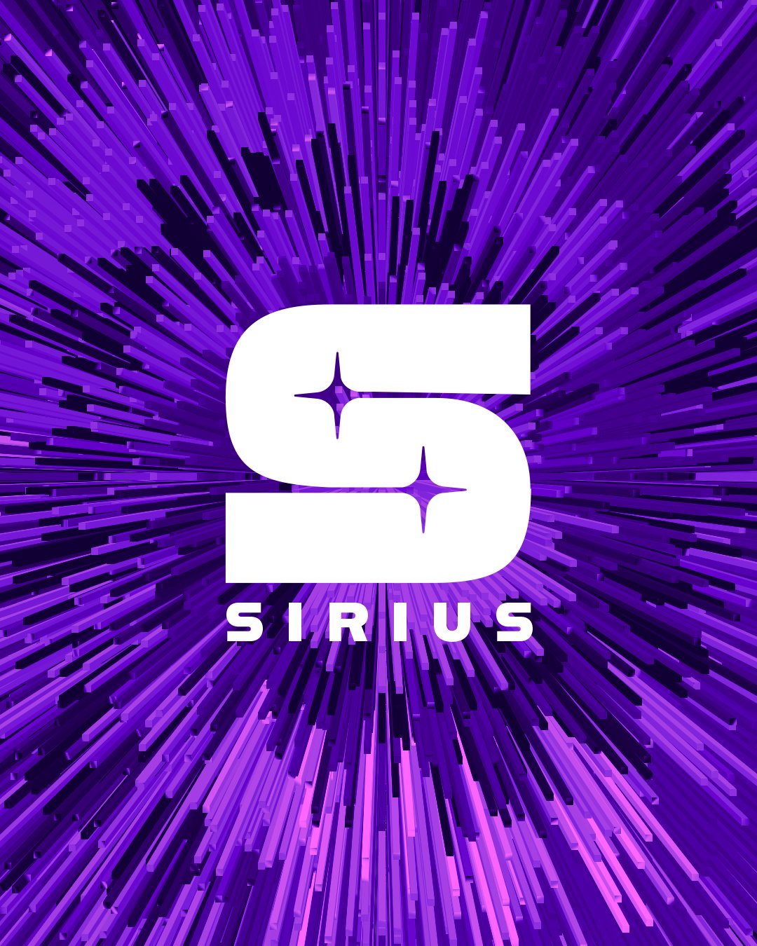 Logotype Sirius : le S blanc avec ses deux étoiles, sur fond violet